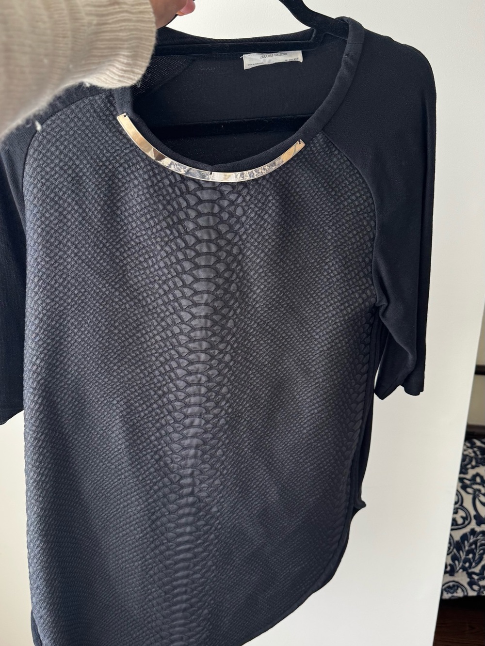 Zara Black Short-Sleeve Textured Top with Metallic Neck Trim